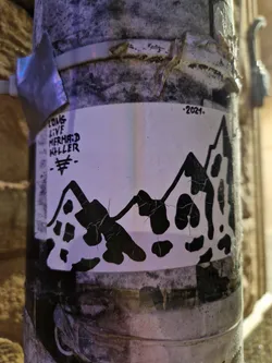 A weathered sticker affixed to a pole.  The sticker features a stylized black mountain range design on a white background.  Text on the sticker reads "Long Live Mermaid Killer" and ".2021.".