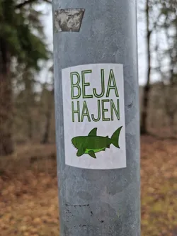 A sticker featuring a cartoon shark and the text "BEJA HAJEN" in green. The sticker is affixed to a metal pole outdoors.