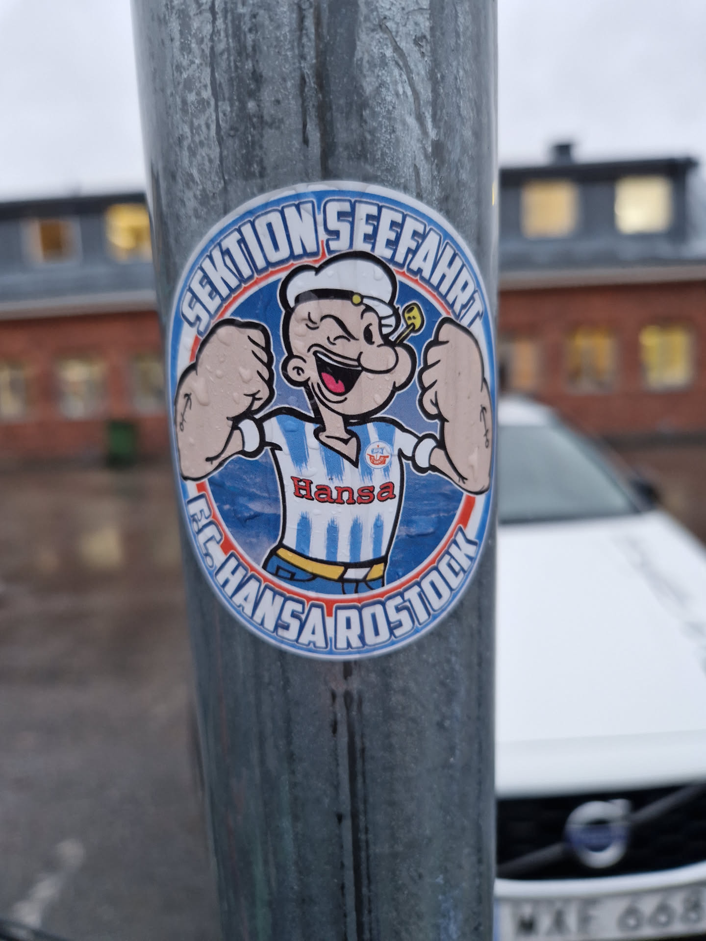 A round sticker featuring a character resembling Popeye the Sailor Man, but wearing a FC Hansa Rostock shirt. The text around him says "Sektion Seefahrt FC Hansa Rostock". The sticker is affixed to a grey metal pole outdoors.