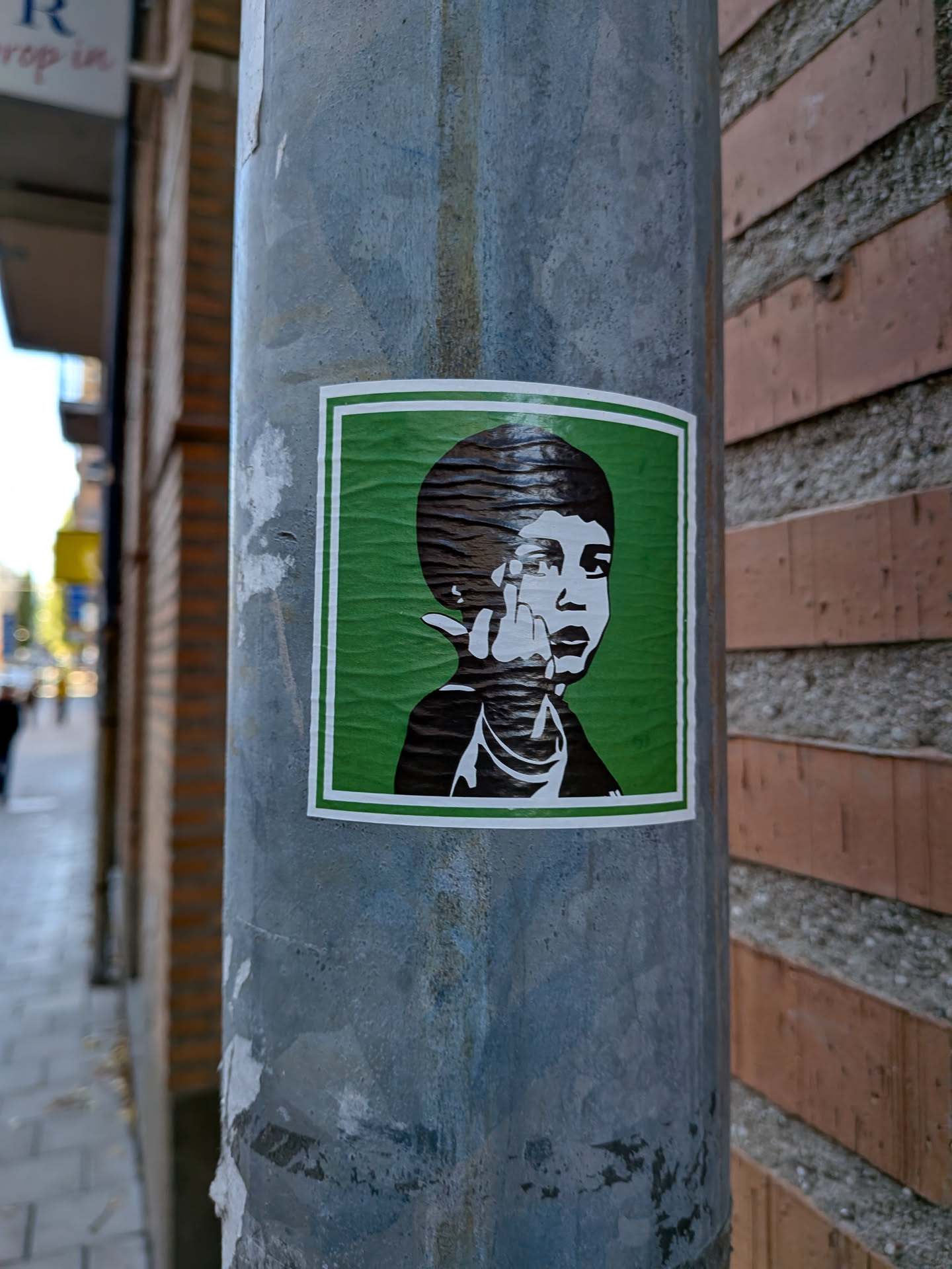 A square sticker placed on a worn, cylindrical metal pole. The sticker features a vibrant green background framed by a thin white border. In the center is a high-contrast black-and-white stencil-style illustration of a young boy with dark hair, gesturing with his hand to raise his middle finger while looking straight ahead with an expressive face.