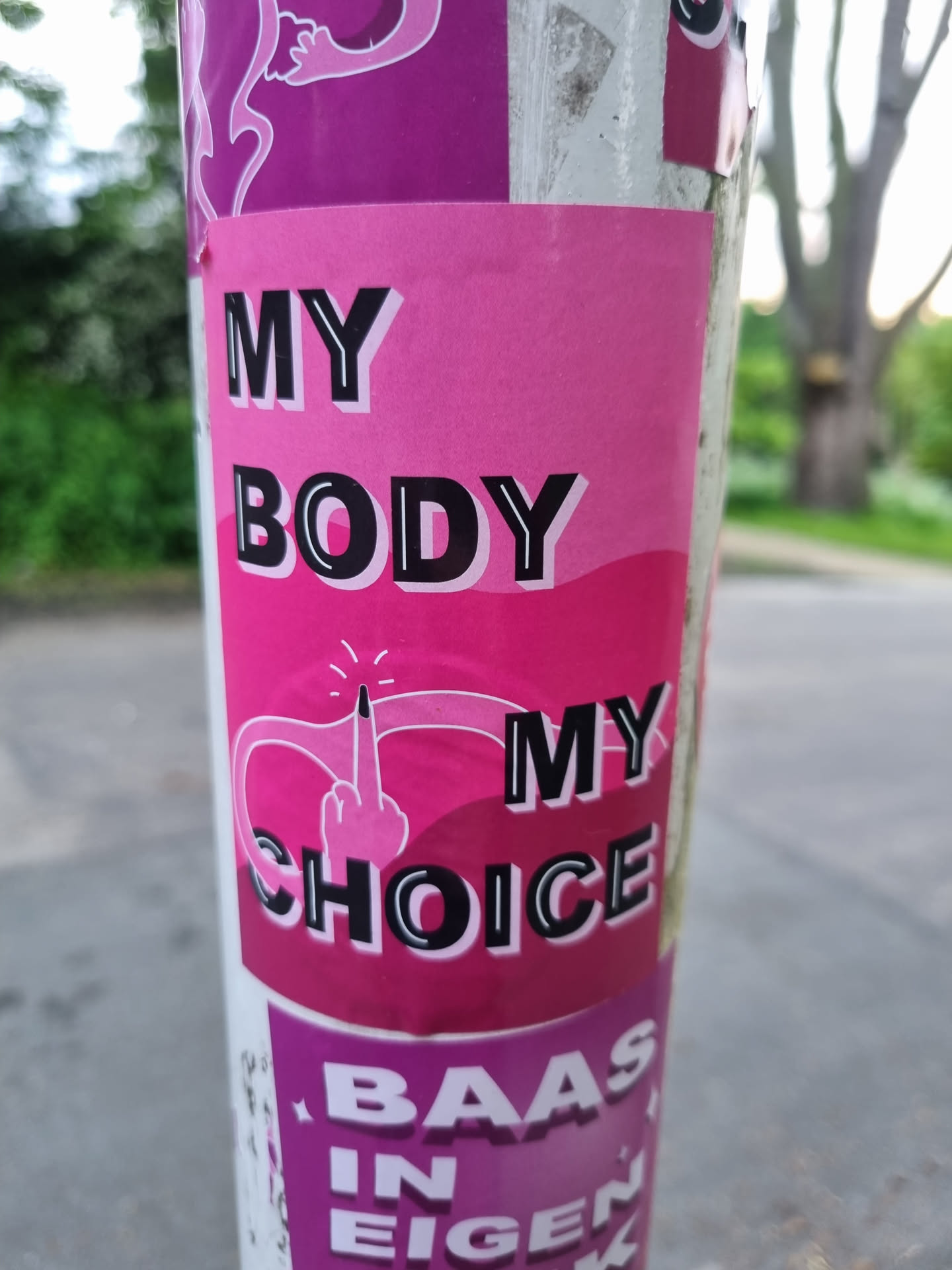 Pink and black sticker with a illustration of a middle finger and the text "My body, My choice".