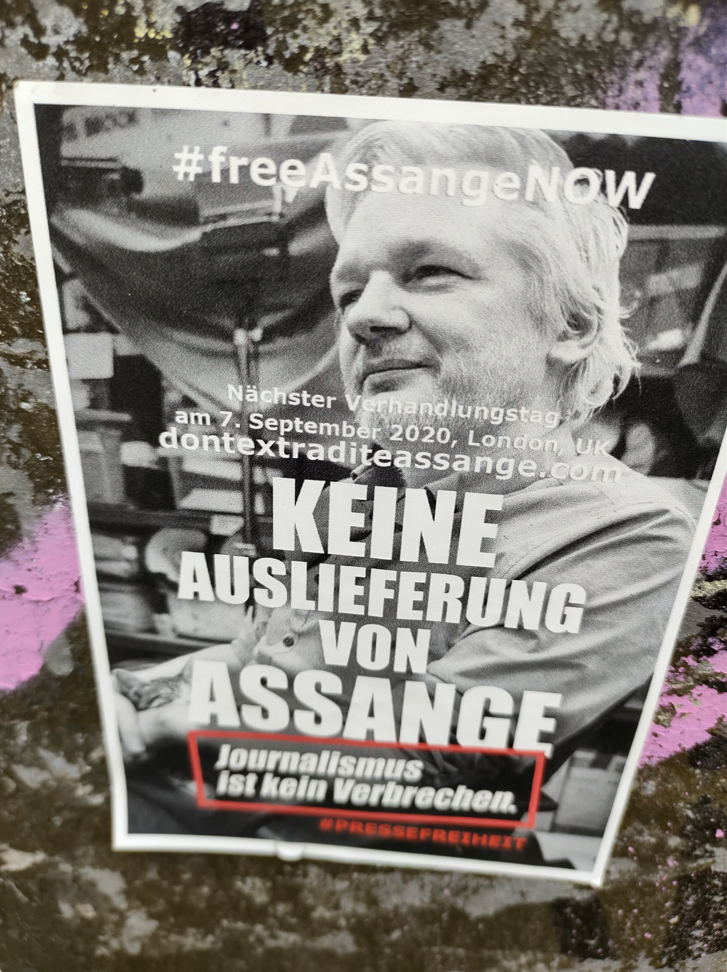 Black and white photo of Julian Assange with text overlay advocating for his release.  The sticker includes a website and date of a court hearing.
