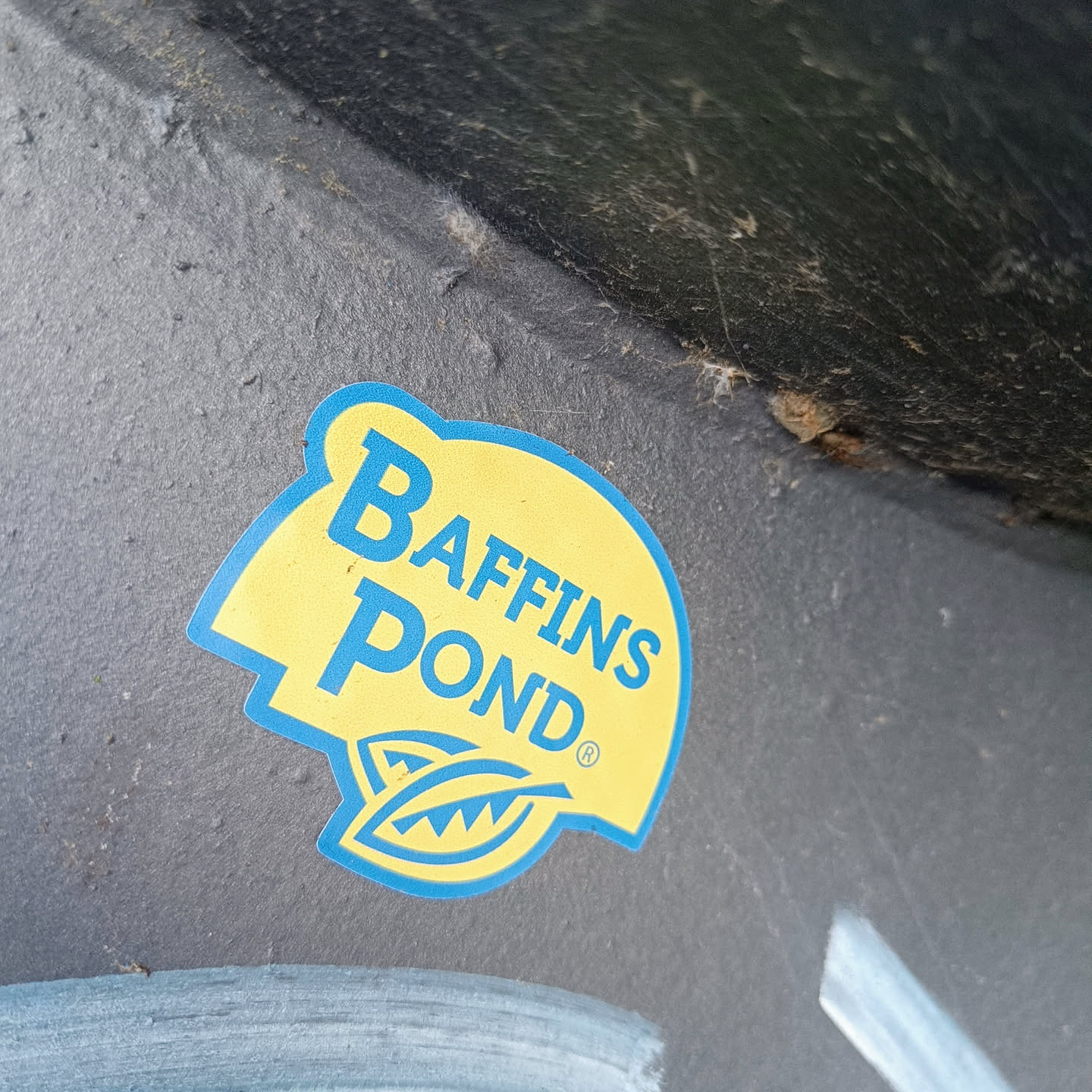 A yellow and blue Baffins Pond sticker affixed to a dark gray surface. The sticker features the company's logo, which includes the name 'Baffins Pond' in a stylized font and two stylized leaves.