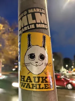 A yellow sticker featuring a cartoon bunny with big eyes and a small smile.  The text below the bunny says "Hauke Wahlen".