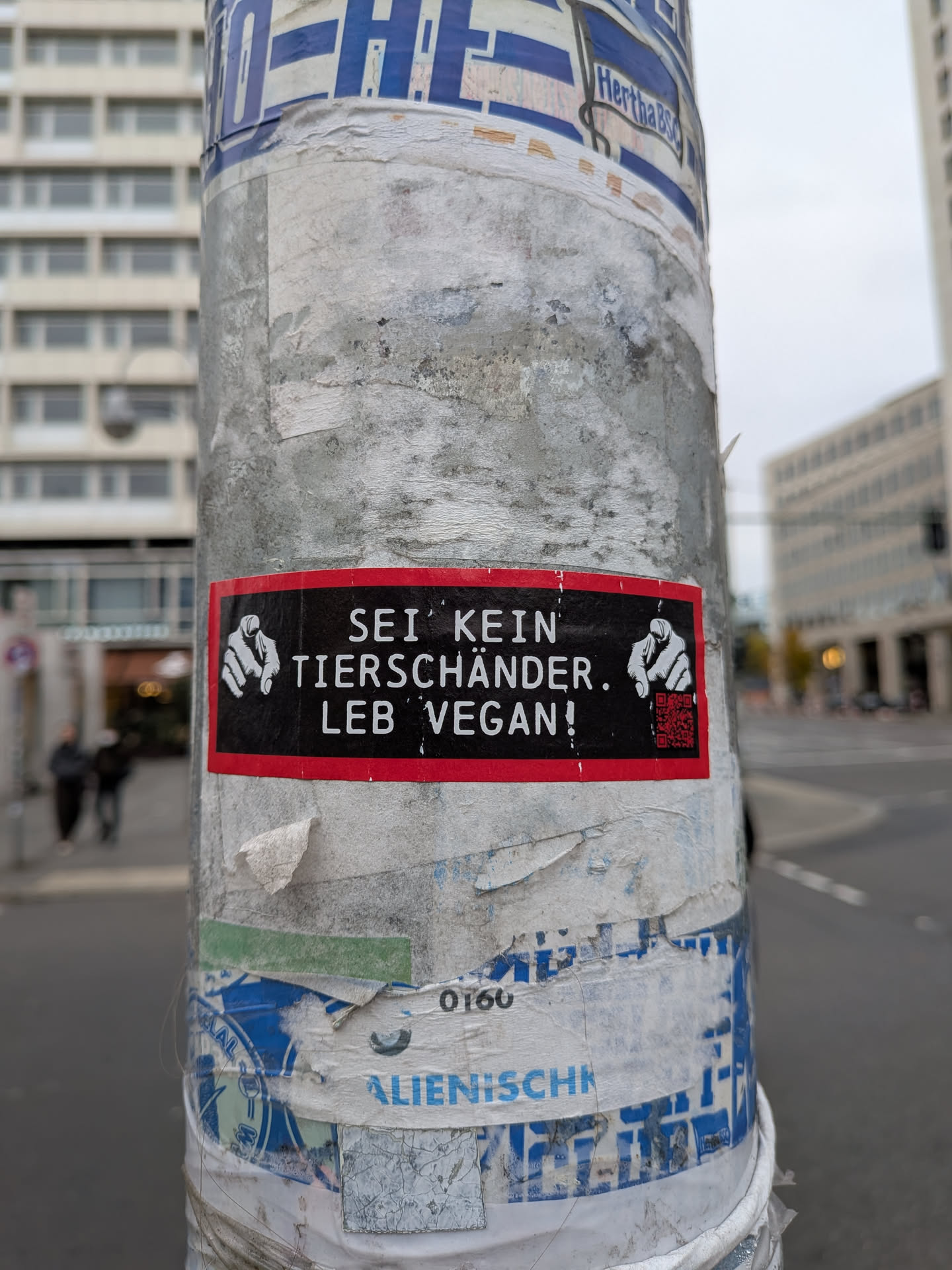 A horizontal rectangular sticker featuring a bright red outer border and a solid black central background. In the center, uppercase white sans-serif text reads 'SEI KEIN TIERSCHÄNDER. LEB VEGAN!'. On both sides of the text, there is a white-and-black illustration of a hand pointing its index finger directly at the viewer. Underneath the hand on the right side, there is a small red QR code. The sticker is affixed to a worn urban lamppost covered with remnants of other posters and tape.