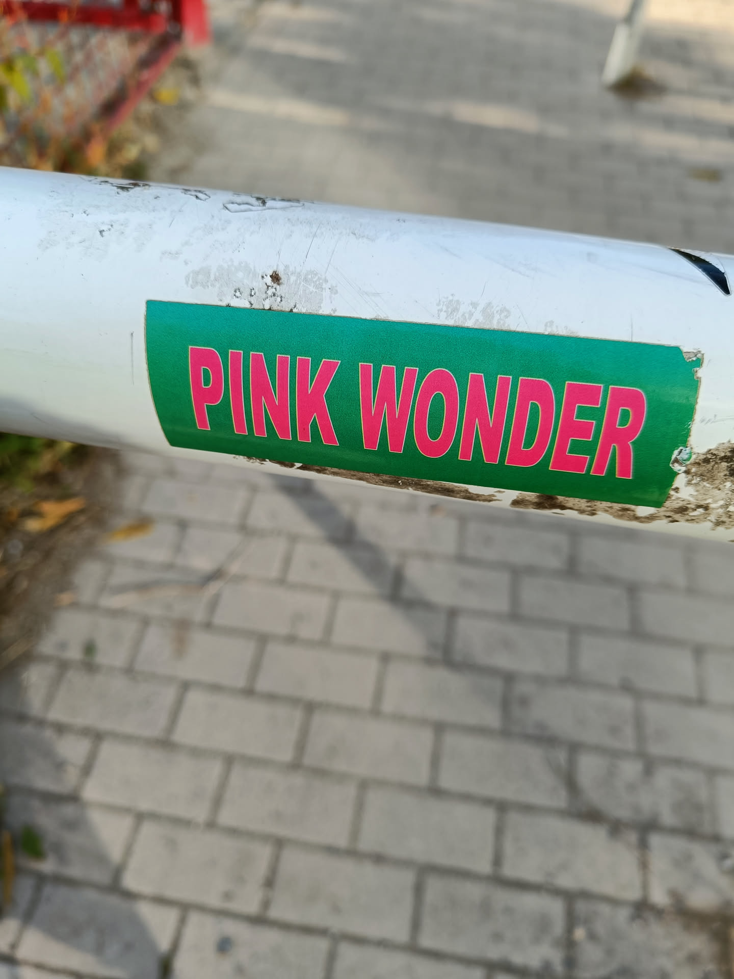 A green and pink sticker with the text "PINK WONDER" on a white metal pole.