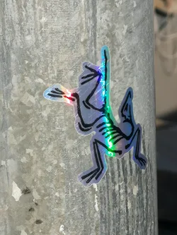 The sticker depicts a stylized, cartoonish frog-like creature in a skeletal form, rendered with thick black outlines. The body of the sticker is made from a holographic material that reflects a spectrum of colors, including blues, greens, purples, and reds, particularly vibrant along the spine and limb areas. The creature appears to be in a dynamic pose, with one 'hand' raised. The overall effect is playful yet striking due to the iridescent finish and the skeletal theme.