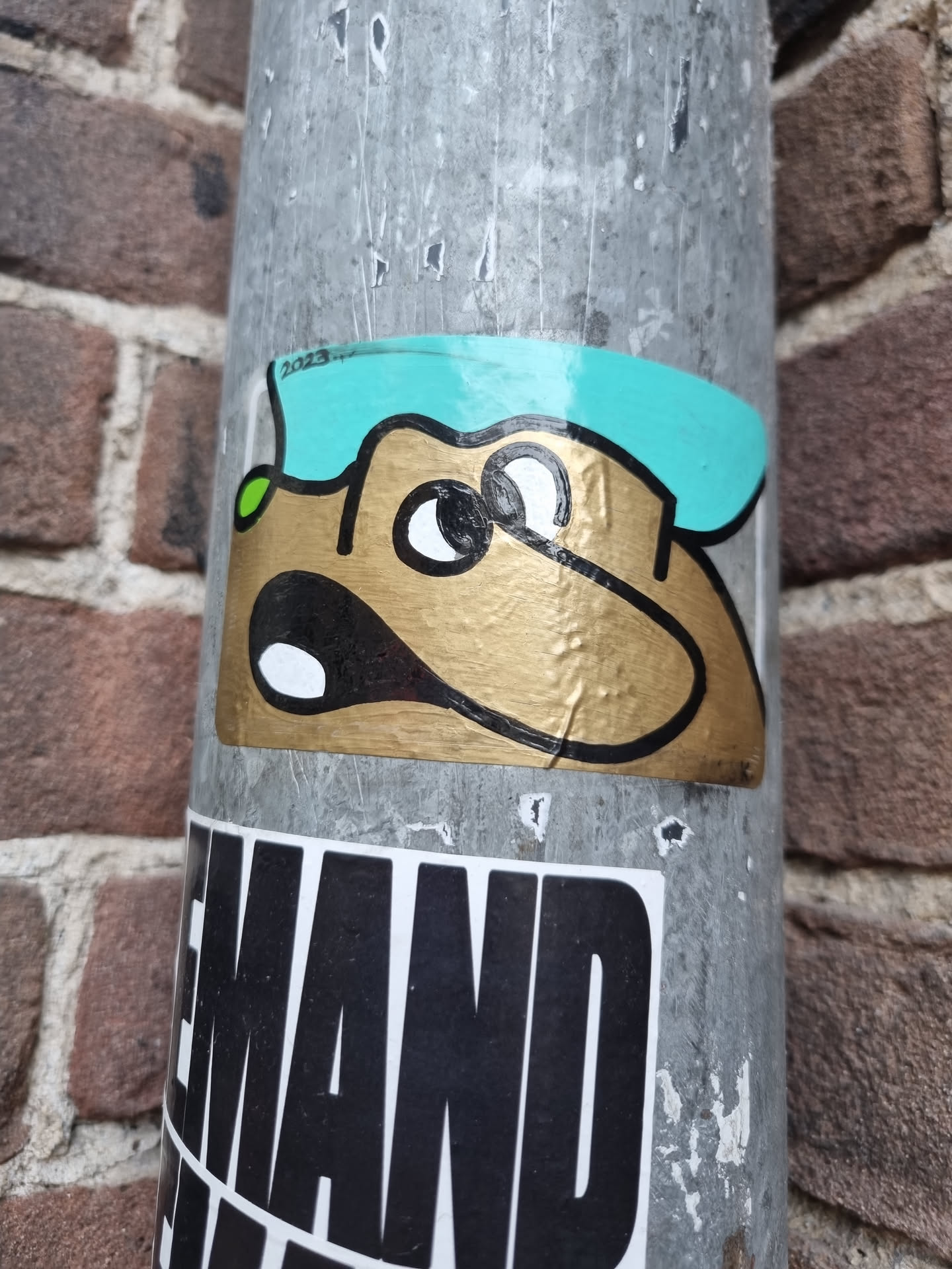 A gold-colored dog sticker with a teal hat. The dog has large eyes and a surprised expression.  It's a simple yet charming design.