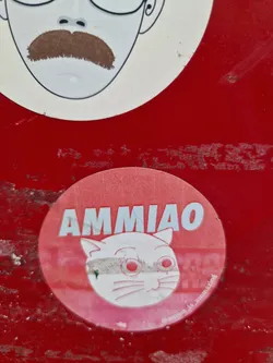 A round sticker featuring a cute cartoon cat with big eyes and the text "AMMIAO" in blue on a red background. The sticker has a minimalist design with a slightly worn appearance.