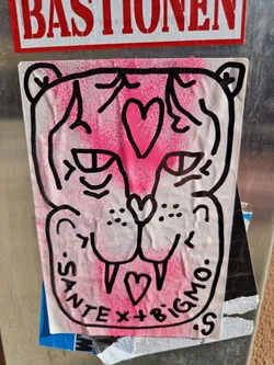 A pink and black drawing of a tiger's face with two hearts. The text at the bottom says "SANTE x BIGMO".