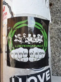 A sticker featuring a design with a group of people and the text "LINJE18casuals" and "HAMMARBY" written on it. The sticker has a black background with green laurel wreath.