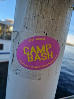 Pink and yellow sticker for the 31st annual Camp Bash event, which took place from September 8th to 10th, 2022 in Fox River, Wedron, Illinois.