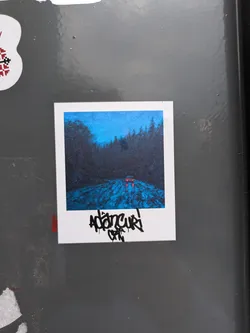 The sticker features a polaroid-style photo of a forest. It appears to be nighttime with a road and trees and two red lights on the road. Below the photo, there is some handwritten text.
