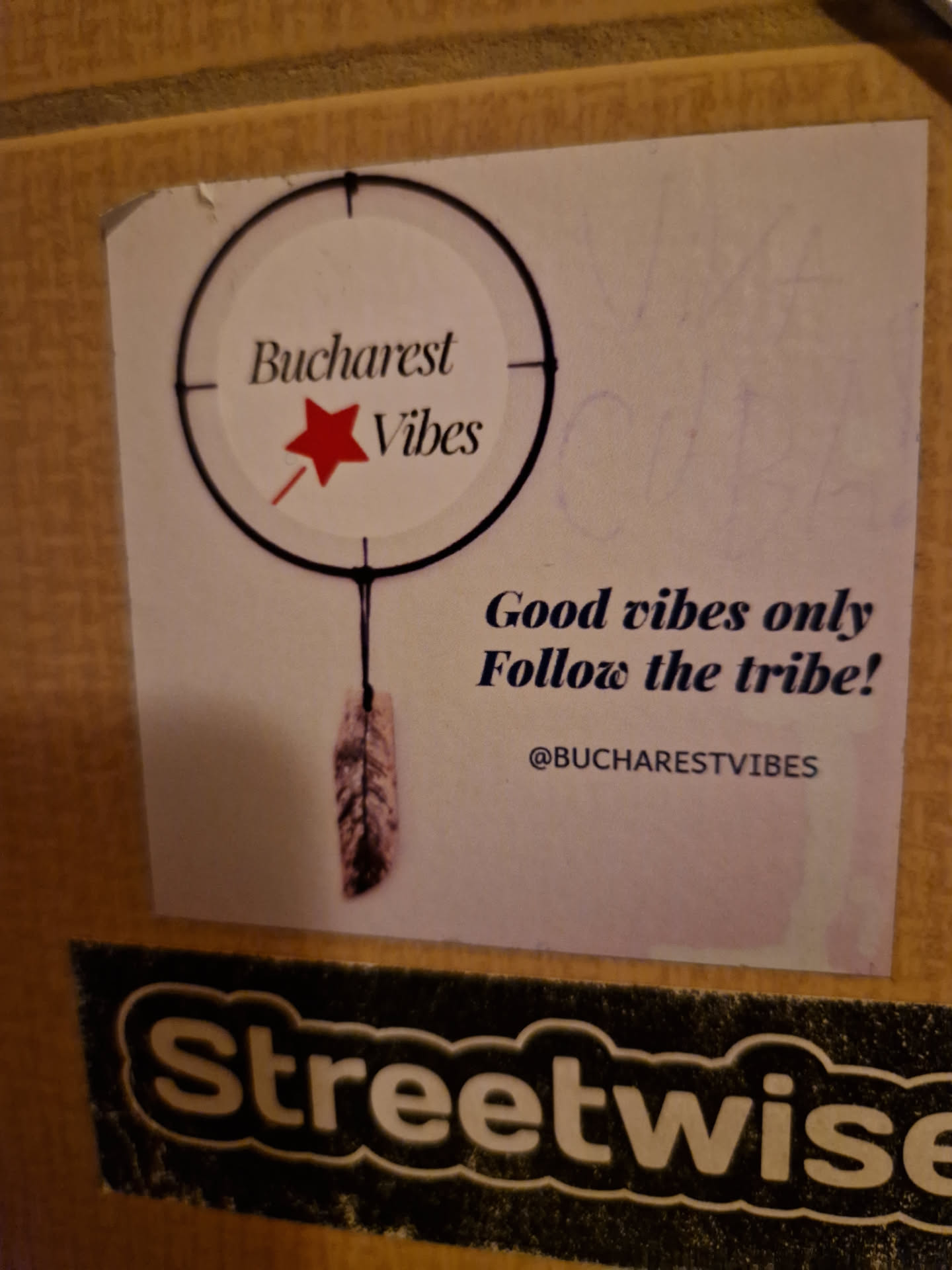 A sticker with a dreamcatcher design, featuring the text "Bucharest Vibes" in the center.  Below it says "Good vibes only Follow the tribe!" and an Instagram handle @bucharestvibes