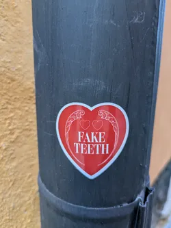 The image shows a red heart-shaped sticker attached to a black pipe. The sticker features the text "FAKE TEETH" in white letters. Above the text are two small hearts and decorative wing-like shapes. The pipe has a slightly weathered appearance.