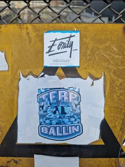 A sticker featuring the text 'TERRA BALLIN' in a stylized font, along with an illustration of what looks like a band or group of people sitting amidst skulls. The color scheme is predominantly light blue and purple. There's a smaller sticker above it with the text 'Eonity' and some additional details.