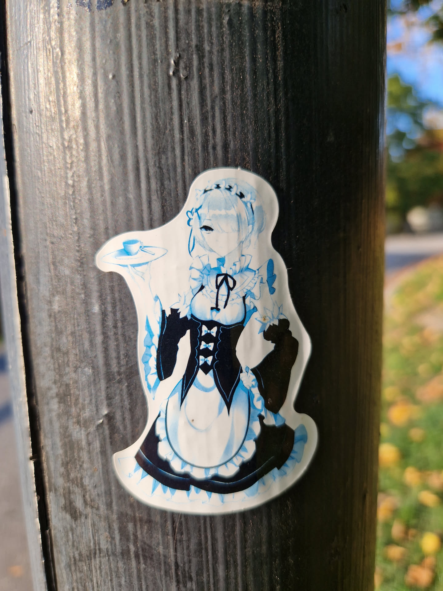 A sticker featuring Rem from the anime Re:Zero in her maid outfit. She is holding a serving tray. The sticker is applied to a dark gray pole.