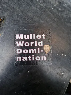 A black and white sticker with the text "Mullet World Domination" and a picture of a man with a mullet. 