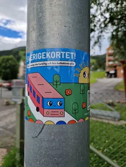 A cute sticker advocating for affordable and good public transport in Sweden.  It features a cartoon bus and sun. A QR code is included, but the URL is not easily readable from the image.