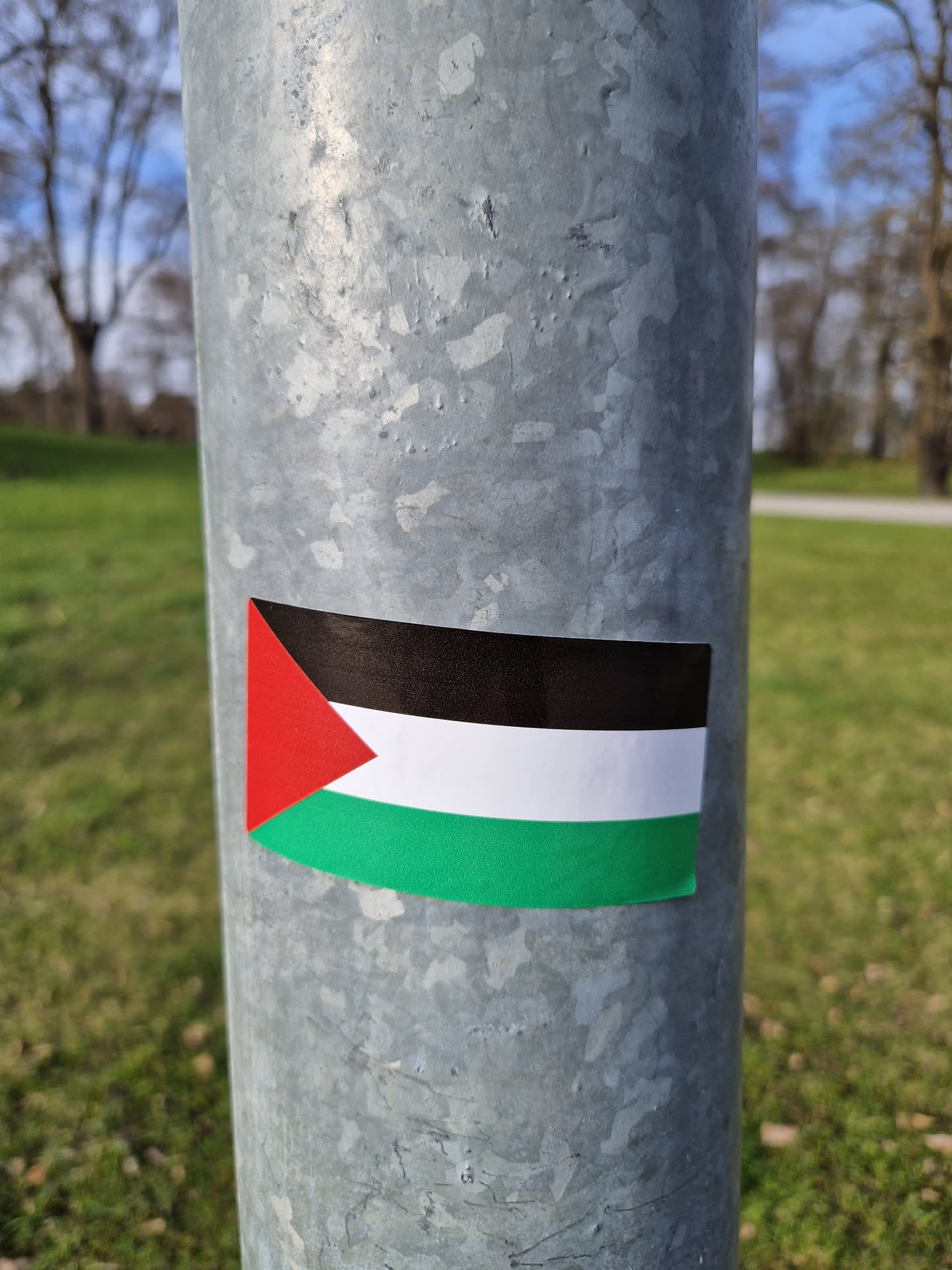 A sticker depicting the flag of Palestine is affixed to a metallic pole outdoors. The background shows a grassy area with trees in the distance. The flag is clearly visible and appears to be made of a vinyl or similar material.