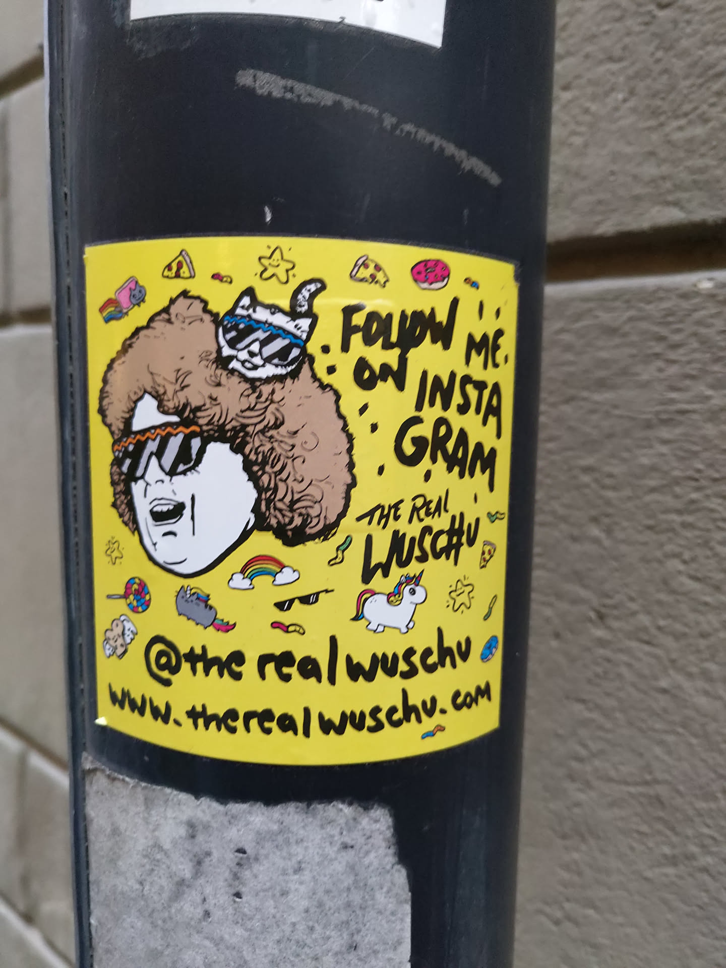 Yellow sticker with a drawing of a person with a big furry hat and sunglasses, and a cat on top of the hat. There are also other small drawings around and social media information at the bottom. 