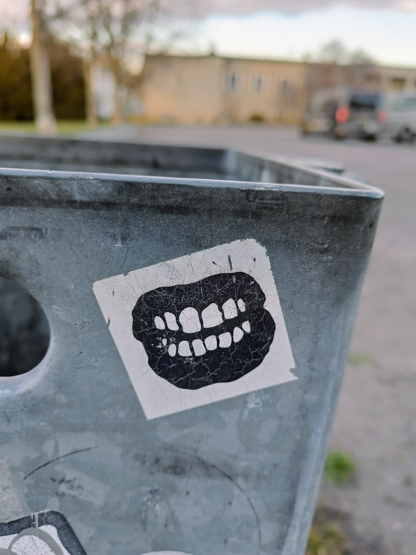 Close-up view of a sticker featuring a detailed drawing of a set of teeth. The sticker has a slightly worn or distressed look, adding to its aesthetic appeal. It is affixed to a grey metallic surface, possibly a bin or container, with some visible wear and tear also visible on the metal.