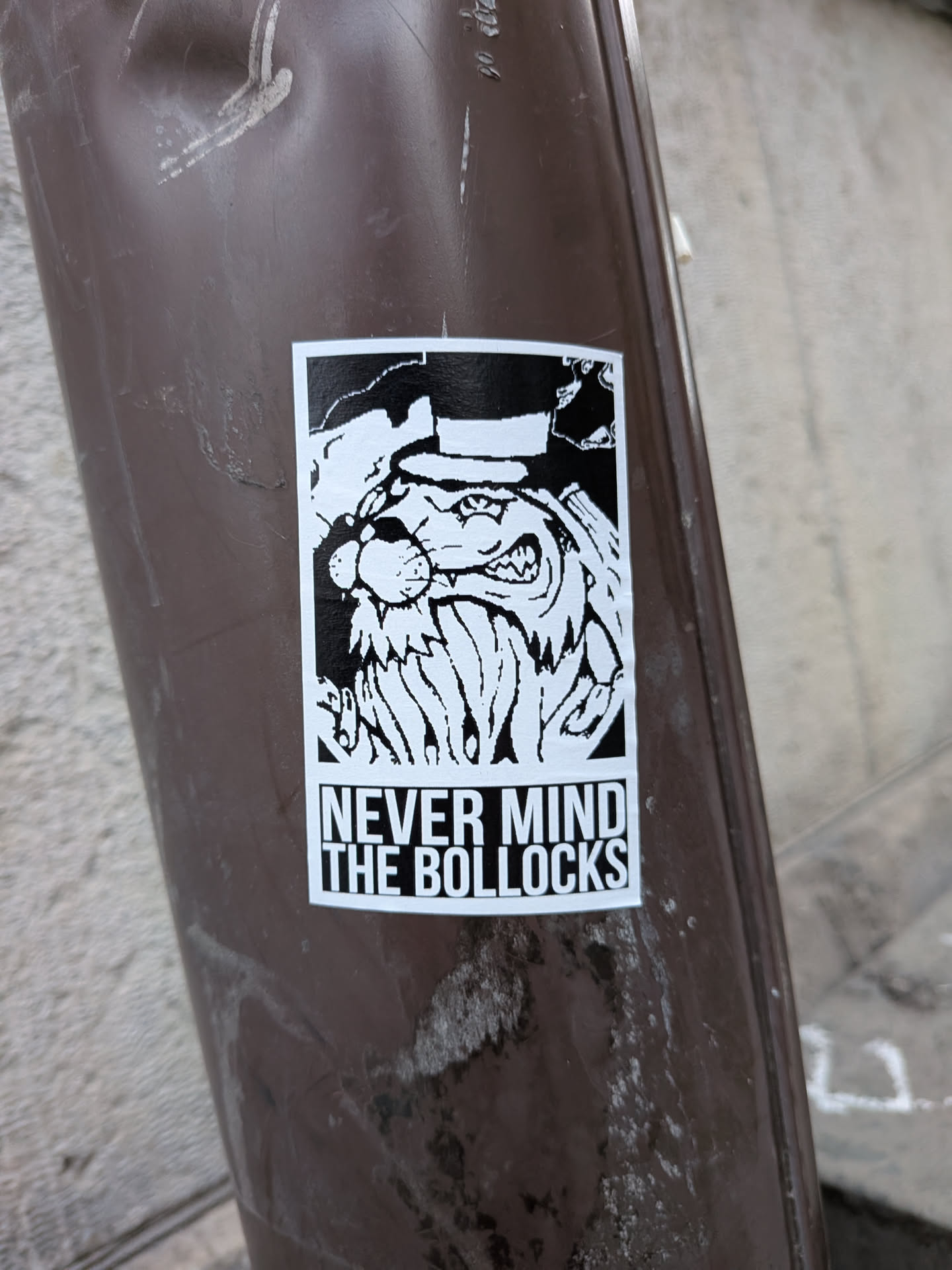 A rectangular, black-and-white sticker affixed to a brown pole. The upper section displays a high-contrast illustration of an aggressive, snarling cartoon character wearing a hat, characterized by a rounded nose, sharp teeth, and a thick, jagged beard. Directly beneath the illustration, bold uppercase text inside a border reads 'NEVER MIND THE BOLLOCKS' arranged in two stacked lines.