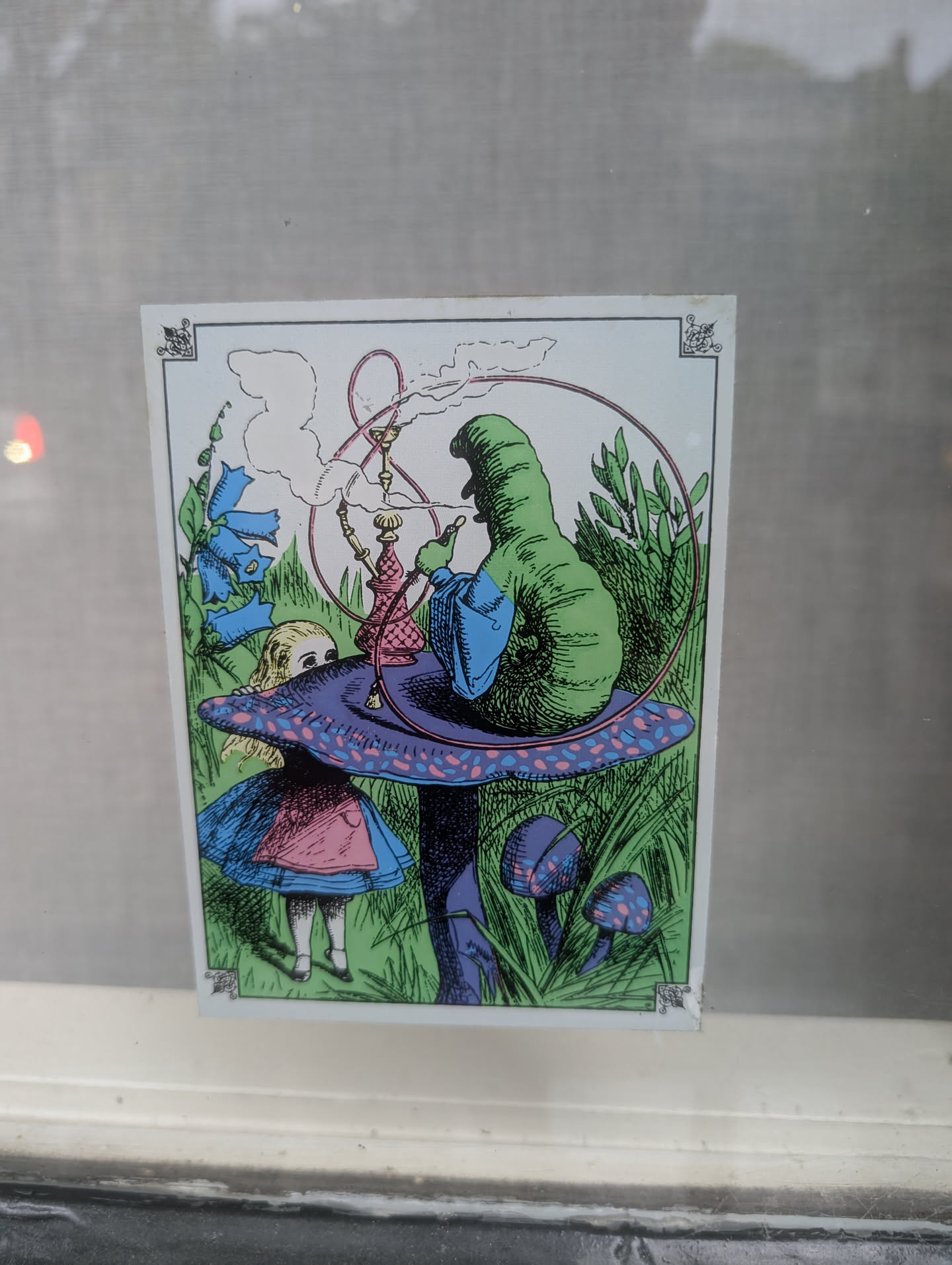 The sticker depicts a scene from Alice in Wonderland. A large, green, caterpillar-like creature with a blue robe sits on a purple mushroom with pink polka dots, smoking from a hookah. Smoke billows upwards, forming a circular pattern. To the left, a young girl, presumably Alice, with blonde hair and wearing a blue dress with a pink apron, peeks out from behind the mushroom. The background is filled with vibrant green grass and blue bell-shaped flowers. The overall style is illustrative and reminiscent of classic fantasy art, with bold colors and linework.