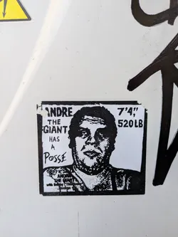 A black and white sticker featuring Andre the Giant with the text "ANDRE THE GIANT HAS A Posse" and "ANDRE THE GIANT with Bobby The Brain Heenan".