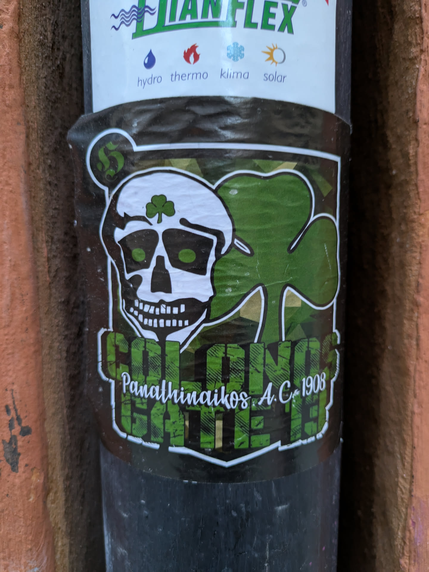A sticker featuring a skull wearing a beret with a shamrock on it. The text says "GOLGOS Panathinaikos A.C. 1908". The background is a camouflage pattern with shamrocks.
