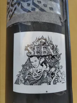 A black and white sticker with the prominent name 'SEBA' in stylized lettering. The design incorporates detailed line art, including a central portrait of a person, possibly the artist or a subject.  The style is reminiscent of zentangle or similar intricate illustrative techniques.  Surrounding the main portrait are additional elements that appear to be part of an overall cohesive design.