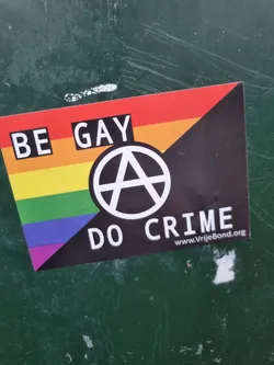 A sticker with a rainbow flag and an anarchy symbol. The text on the sticker says "Be Gay Do Crime" and includes a website address.