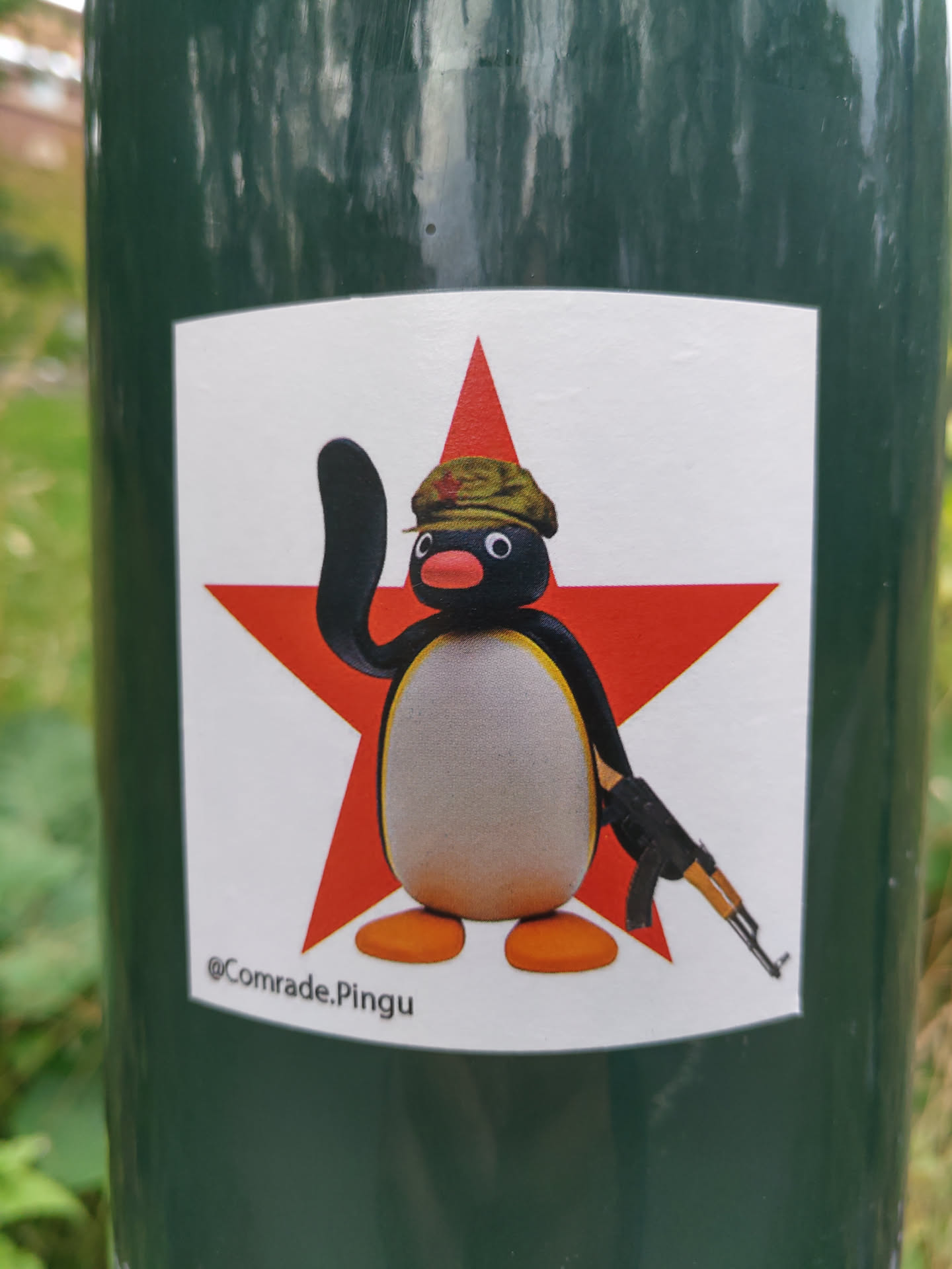 Pingu, the famous penguin from the children's cartoon, is depicted in a sticker as a soldier, giving the communist salute and holding an AK-47 rifle.  The sticker is placed on a green pole. The background is a red star.