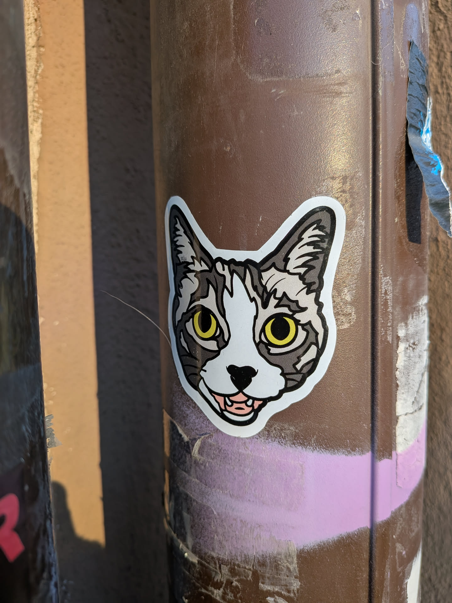 The sticker features the head of a cartoon cat, predominantly in shades of grey, black, and white, with a clear white border. The cat has large, expressive yellow eyes with black pupils. Its fur pattern is detailed with dark grey stripes and patches on a lighter grey and white base, characteristic of a tabby. The muzzle and chin are white, leading to a small black nose and a slightly open mouth revealing a pink tongue and tiny white fangs. The pointed ears are also patterned with grey and black markings. A very faint 'blu' is visible within the left ear.