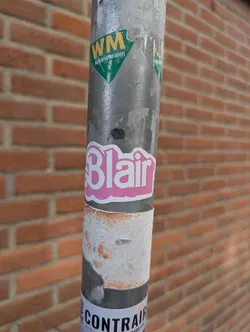 A pink sticker with the name 'Blair' in a playful font is adhered to a gray pole, which also bears several other stickers. The background features a brick wall, providing a common urban setting.