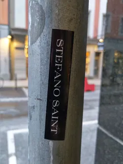 A black sticker with the text "Stefano Saint" written vertically in a minimalist, elegant font.  It's affixed to a weathered metal pole. 