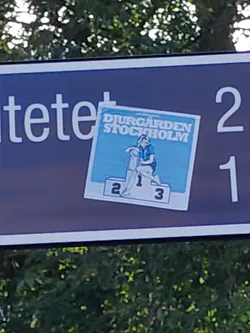 A sticker depicting a woman standing on a winner's podium with the text 'Djurgården Stockholm'. The numbers 1, 2, and 3 are visible on the podium. The sticker is affixed to a sign.