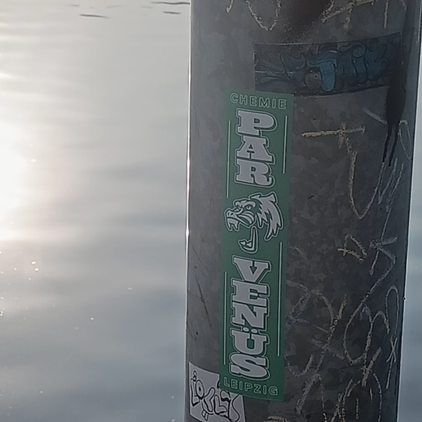 A green and white sticker with the word 'PARVENUS' vertically oriented and a logo of an animal head. The word 'CHEMIE' is written at the top and 'LEIPZIG' at the bottom. The sticker is placed on a pole next to a body of water.