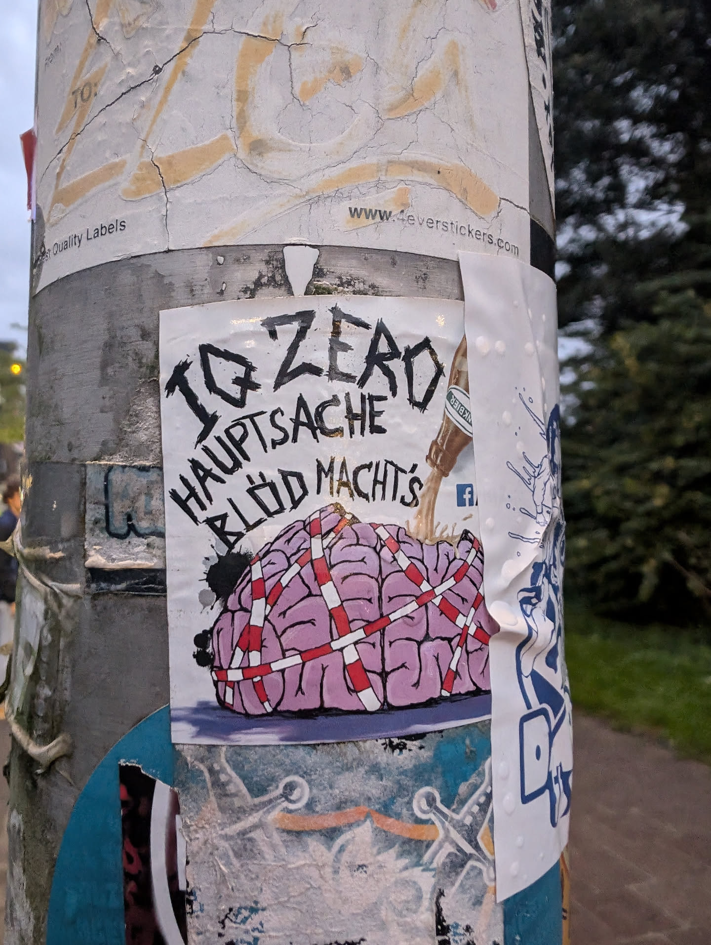 A sticker featuring a cartoon brain wrapped in red and white tape, with the text "IQ ZERO HAUPTSACHE BLÖD MACHT'S".  The style is dark humor, possibly punk or anti-establishment.