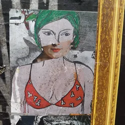 A sticker featuring a woman in a red bikini top adorned with a repeating pattern of small, stylized penises. The woman's face is partially obscured, creating a mysterious and intriguing effect. The sticker's overall style is a blend of collage and street art, showcasing a unique aesthetic.