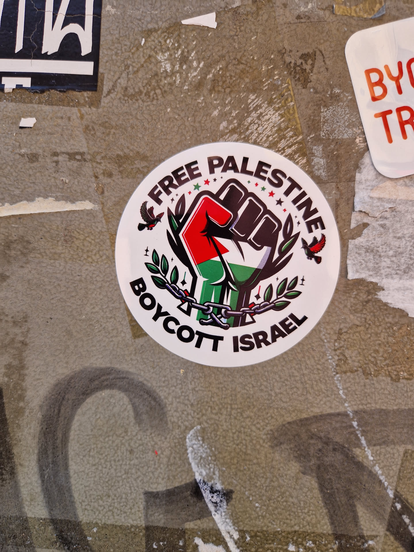 A round sticker with a clenched fist in the colors of the Palestinian flag, olive branches, and the text "Free Palestine" and "Boycott Israel".
