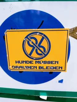 The sticker is yellow with blue accents. It features a symbol of a dog silhouette within a circle, crossed out to indicate prohibition. Below the symbol, the text reads "Hunde müssen draußen bleiben" meaning "Dogs must stay outside". It is affixed to a surface with some other sticker or paint details visible in the background.