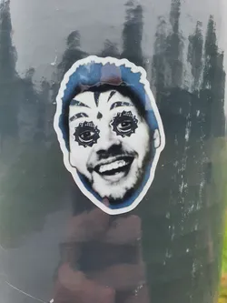 Close-up of a sticker affixed to a dark-colored surface. The sticker shows a face, possibly a celebrity or fictional character, with intricate designs resembling floral or mandala patterns around the eyes. The style is reminiscent of sugar skull imagery, but with a modern twist. The overall color palette is grayscale with accents of blue in the hair.