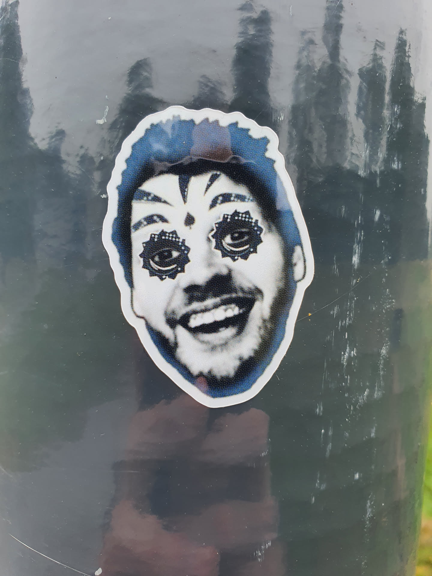 Close-up of a sticker affixed to a dark-colored surface. The sticker shows a face, possibly a celebrity or fictional character, with intricate designs resembling floral or mandala patterns around the eyes. The style is reminiscent of sugar skull imagery, but with a modern twist. The overall color palette is grayscale with accents of blue in the hair.