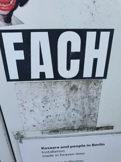 A black and white sticker with the word "FACH" in bold, uppercase letters. Below it is a smaller, dirty sticker with illegible markings.  The larger sticker has a minimalist design.