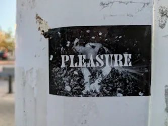This is a black and white sticker adhered to a white pole. The sticker shows a person lying down in foliage. The word "PLEASURE" is overlaid in bold white text.