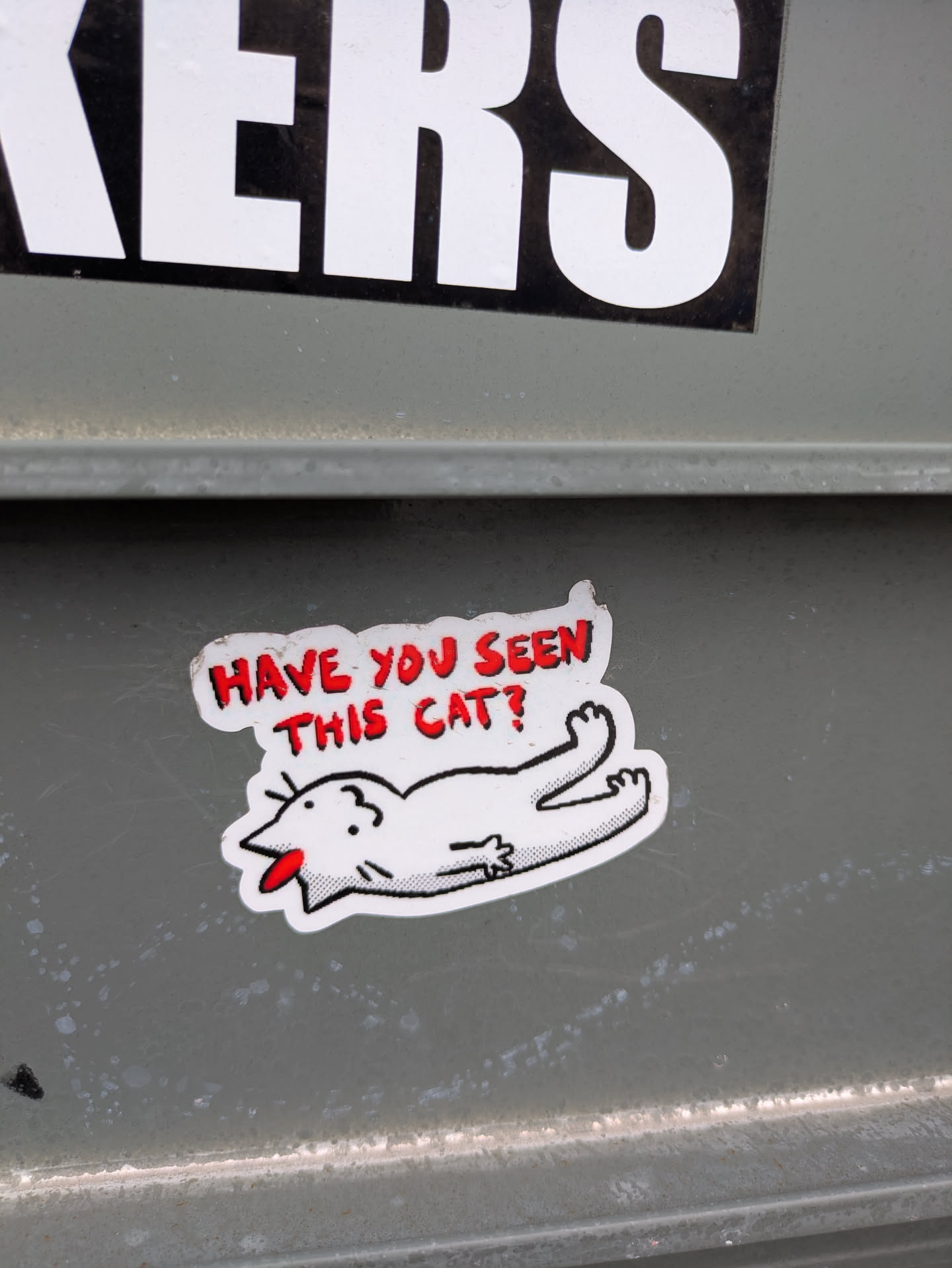 A white sticker with a cartoon cat lying on its back with its tongue sticking out, asking "HAVE YOU SEEN THIS CAT?"