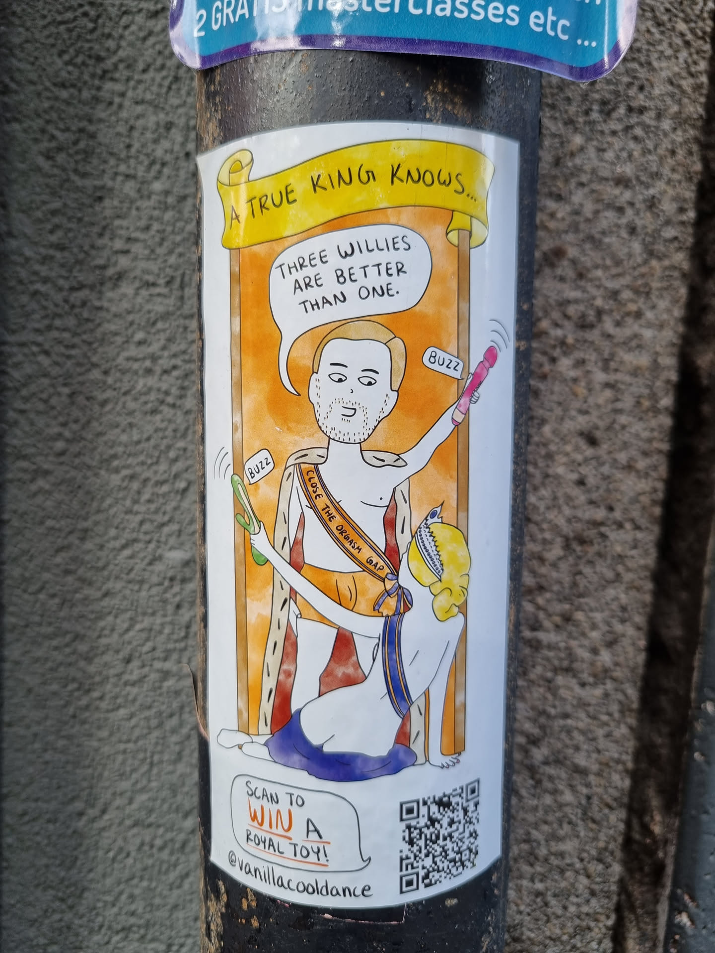A sticker featuring a cartoon drawing of a king and a queen with sex toys.  The sticker includes a QR code that links to a contest to win a "royal toy".