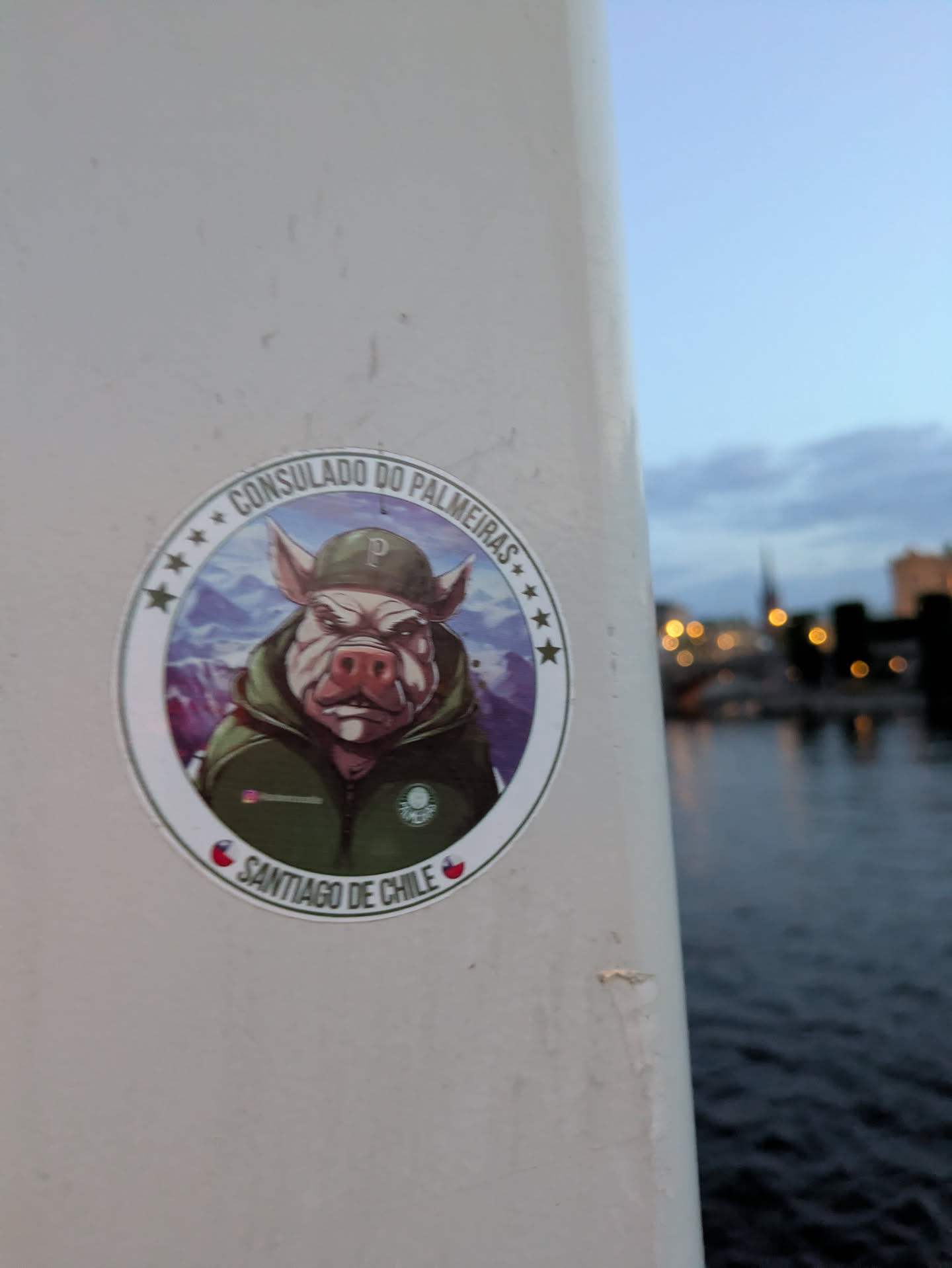 The sticker is circular with a white border. At its center is an illustration of a pig wearing a green baseball cap with a 'P' logo and a green hooded jacket. The pig has a stern expression. Behind the pig is a mountainous landscape in shades of purple and blue, with a few white peaks. Around the top edge of the sticker, in a semi-circle, is the text "CONSULADO DO PALMEIRAS" surrounded by small stars. Along the bottom edge, also in a semi-circle, is the text "SANTIAGO DE CHILE", with small red chili peppers on either side. There is also a small Instagram handle visible on the pig's jacket.