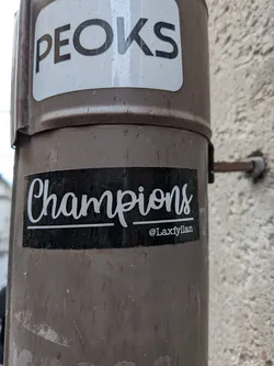 A rectangular sticker with a matte black background, prominently featuring the word 'Champions' in a flowing, elegant white script font. Below the word 'Champions', there is a thin white horizontal line. To the right, beneath this line, the social media handle '@Laxfyllan' is written in a smaller, clean white sans-serif typeface. The sticker appears slightly worn with some water droplets, indicating outdoor placement on a brown, cylindrical surface.